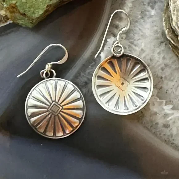 Native American Sterling Sunburst Round Concho Stamped Dangle Earrings For Women - Picture 7 of 10